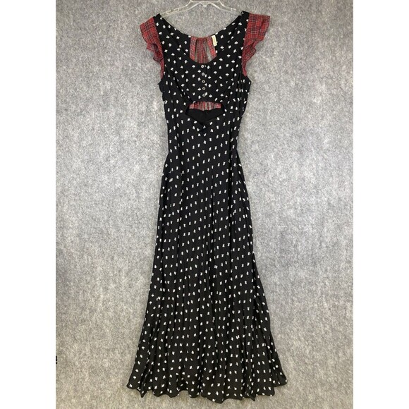 Free People Dresses & Skirts - NWOT Free People Maxi Dress Black Ditsy Floral Plaid Ruffle Trim Cut Out Size 10